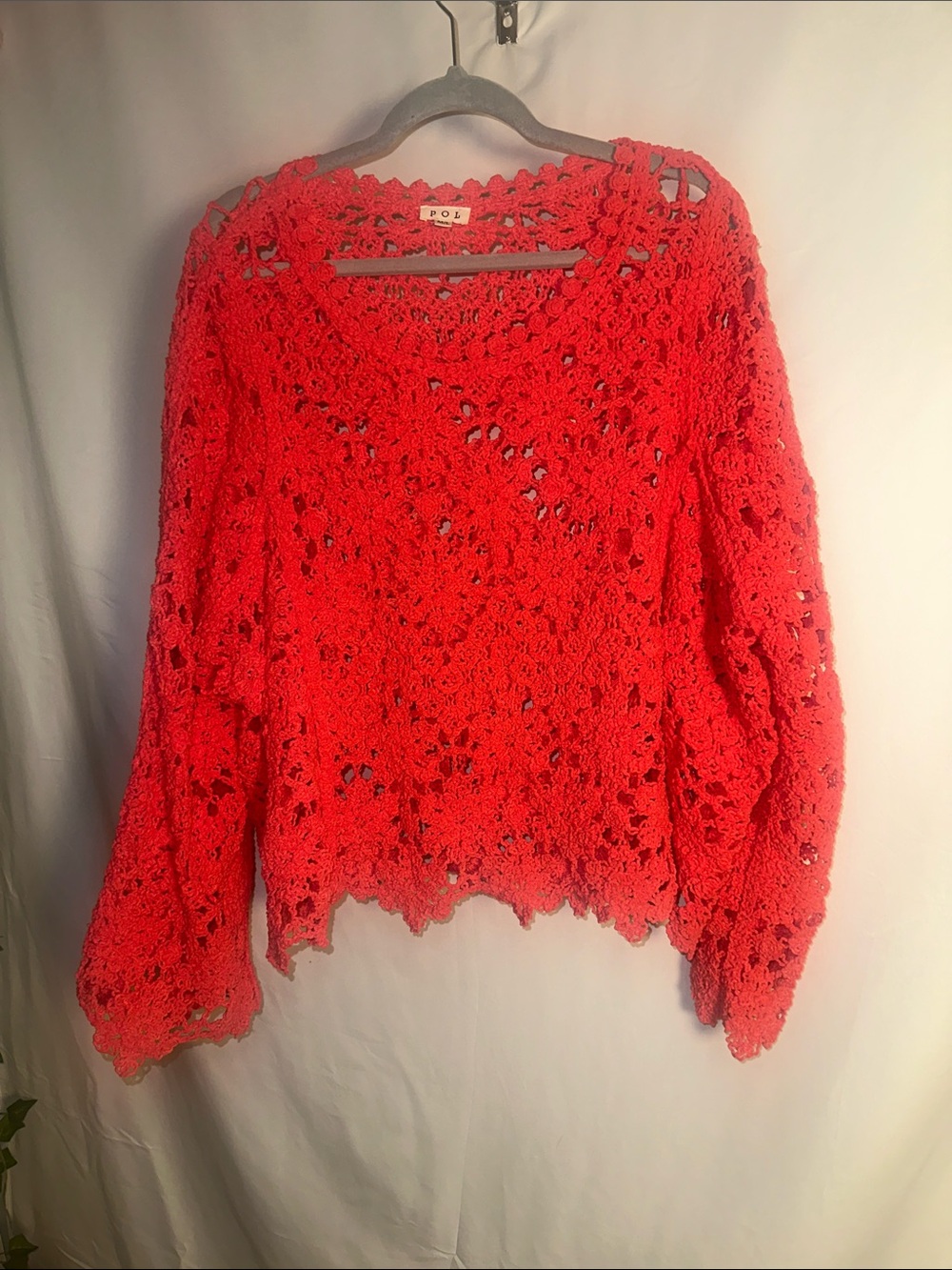 POL Coral Crochet Open-Knit Long Sleeve Sweater